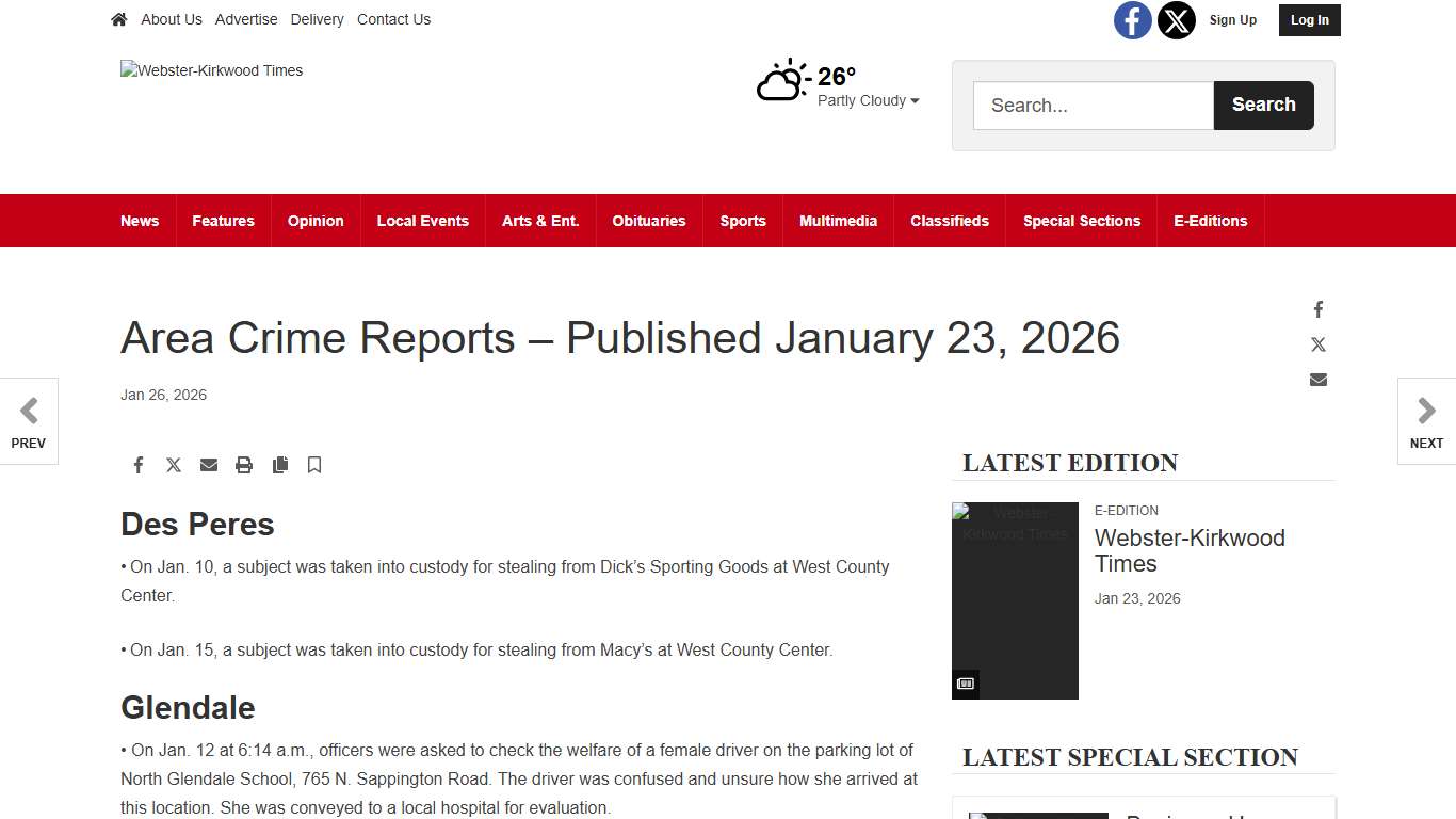 Area Crime Reports – Published January 23, 2026 Webster Kirkwood Times timesnewspapers.com